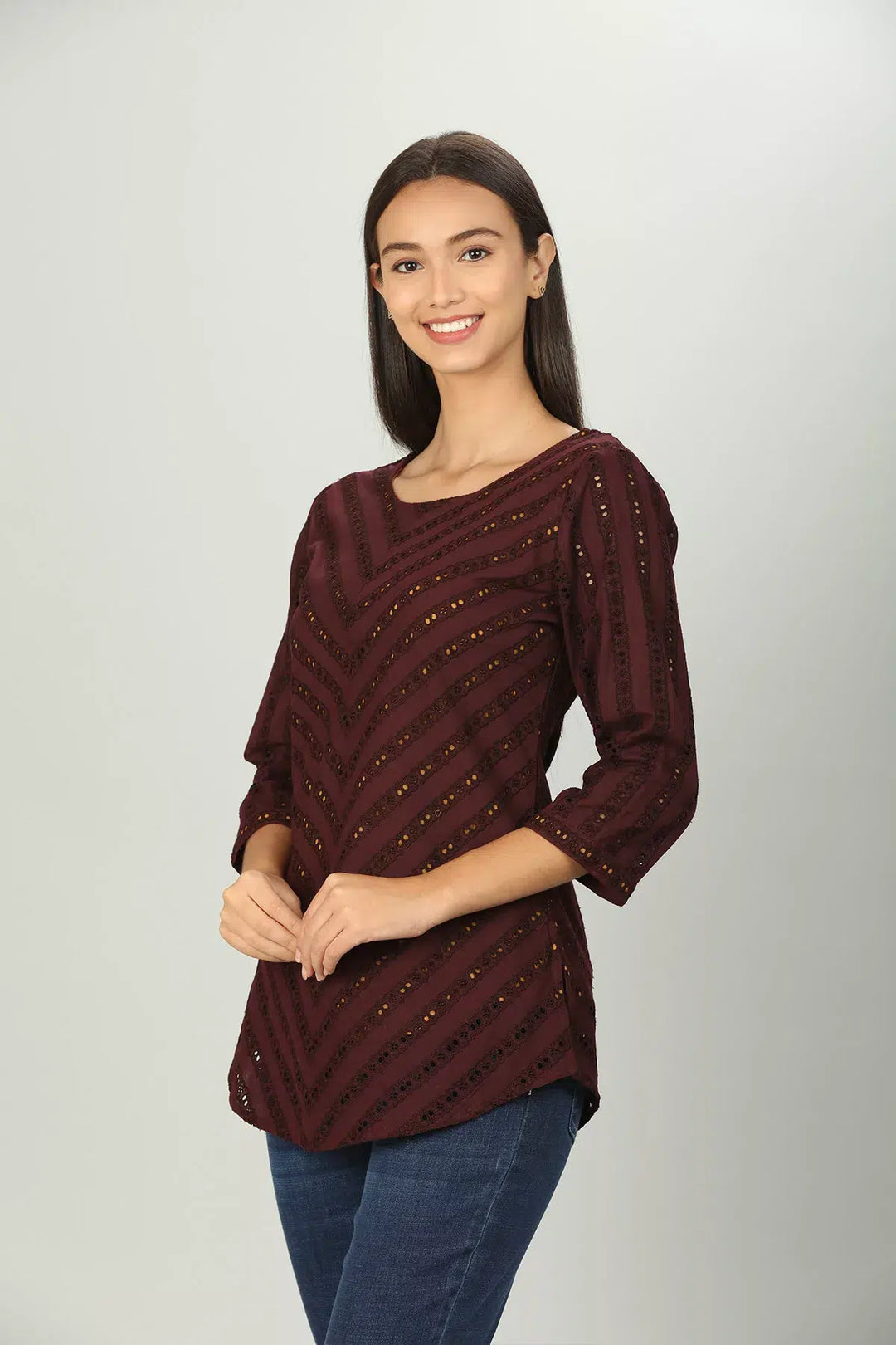 Brown Cotton Round Neck Top
