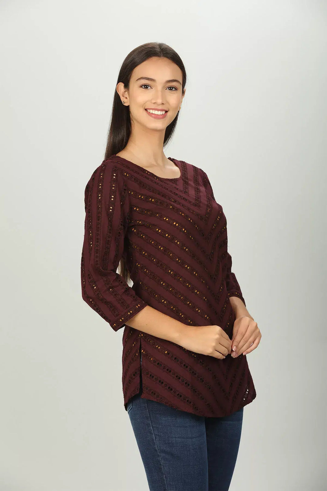 Brown Cotton Round Neck Top
