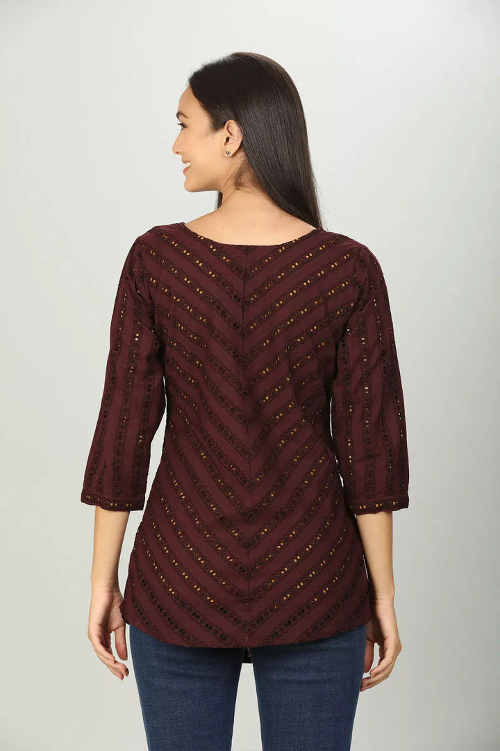 Brown Cotton Round Neck Top