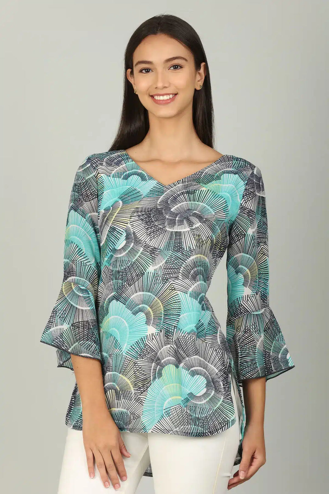 Blue V neck Top with Bell sleeve