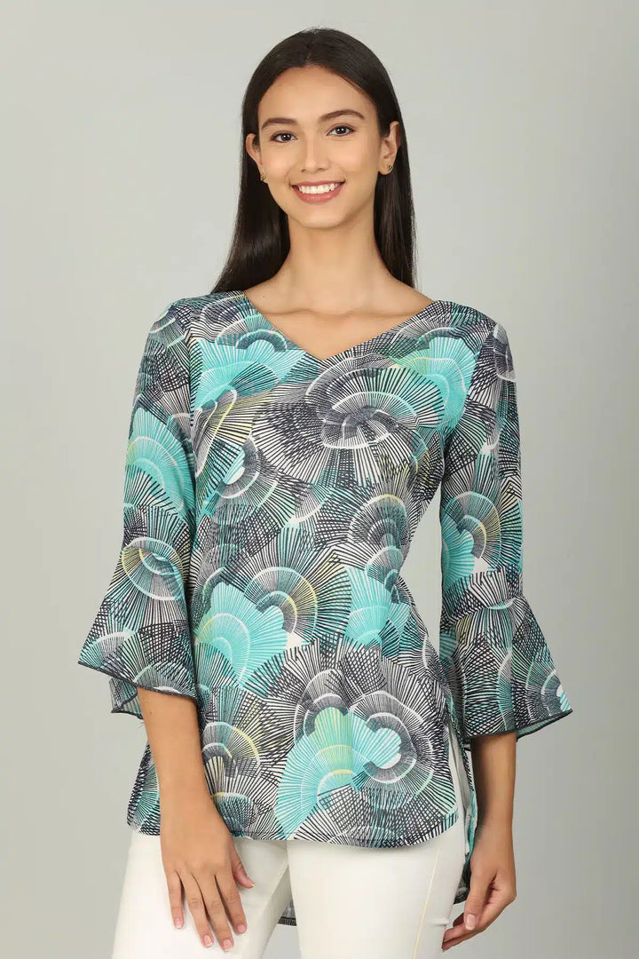 Blue V neck Top with Bell sleeve