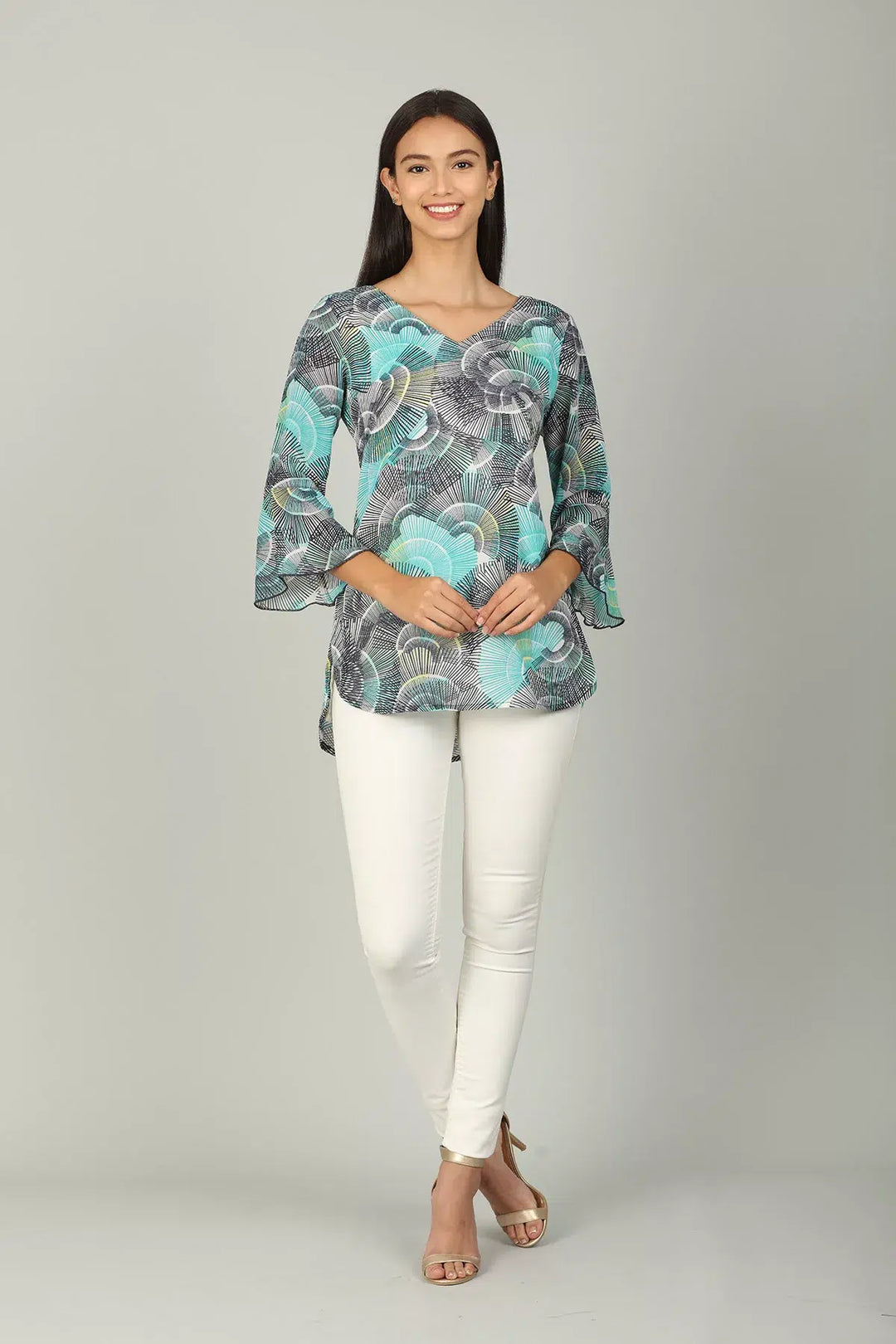 Blue V neck Top with Bell sleeve