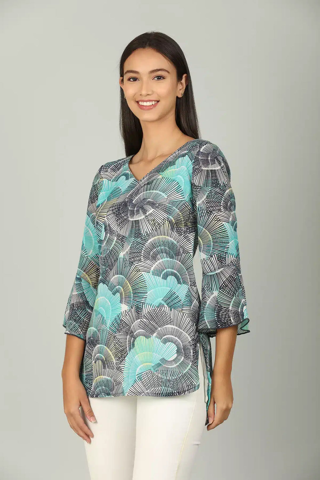 Blue V neck Top with Bell sleeve