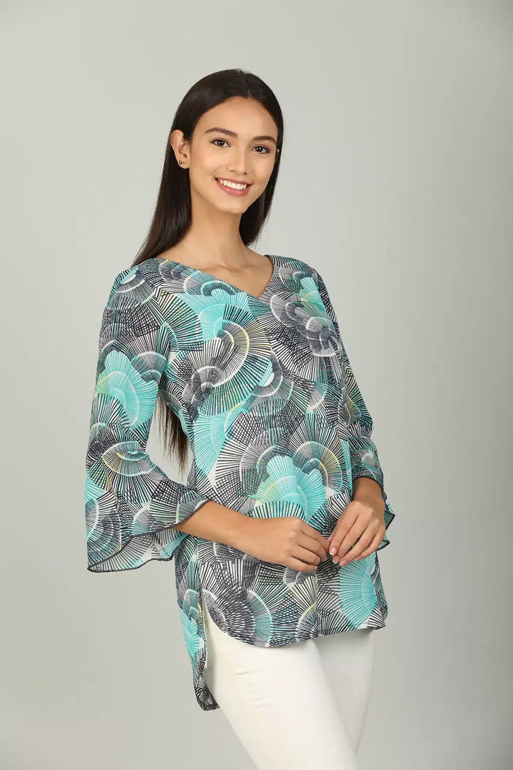 Blue V neck Top with Bell sleeve