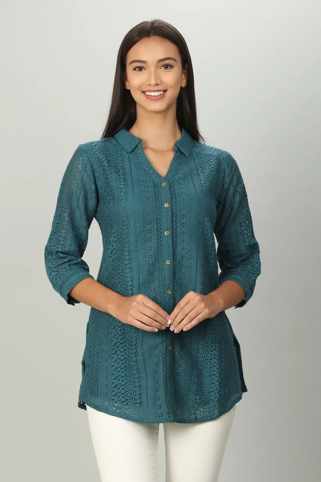 Teal Cotton Shirt with Collared Neck