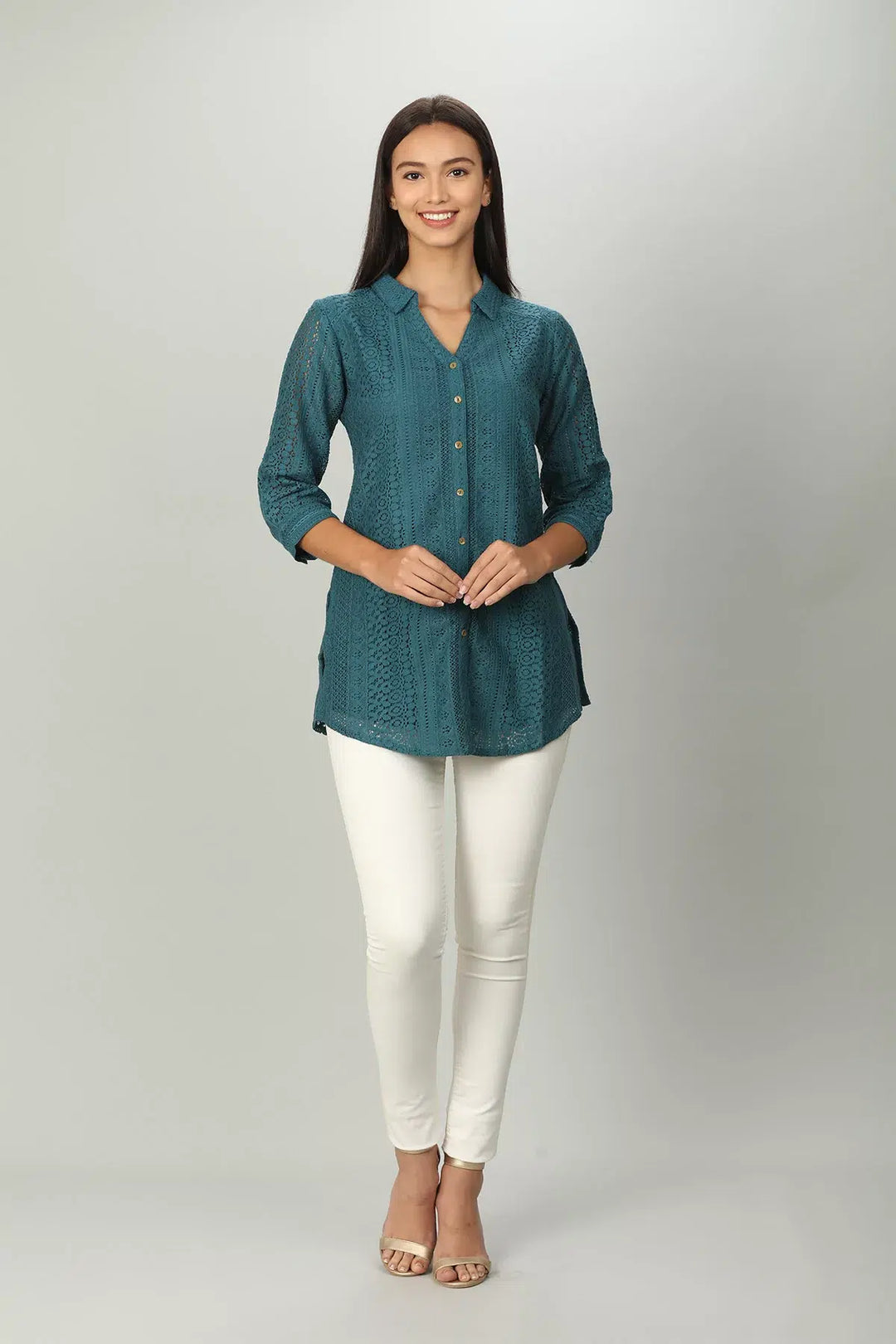 Teal Cotton Shirt with Collared Neck