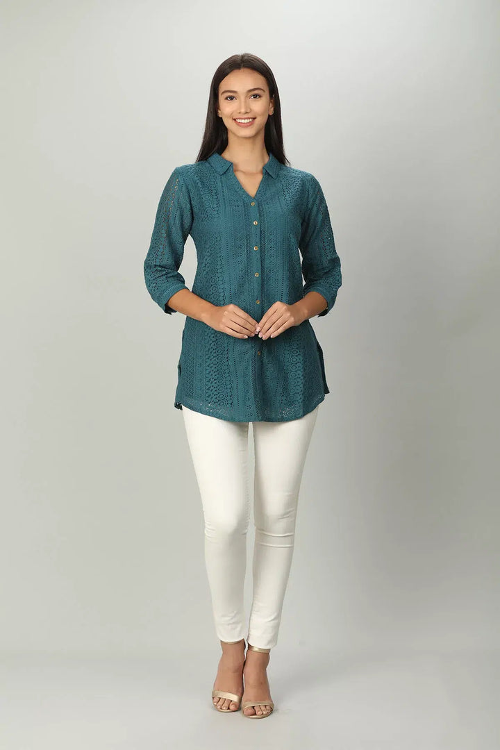 Teal Cotton Shirt with Collared Neck