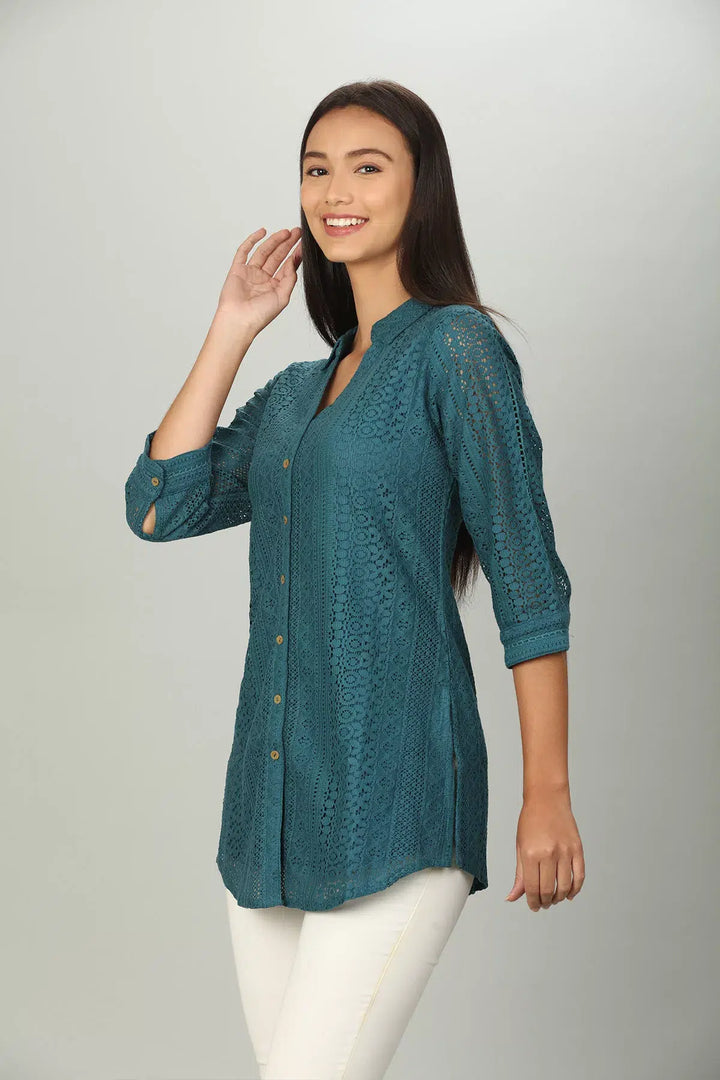 Teal Cotton Shirt with Collared Neck