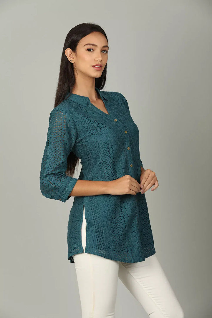 Teal Cotton Shirt with Collared Neck