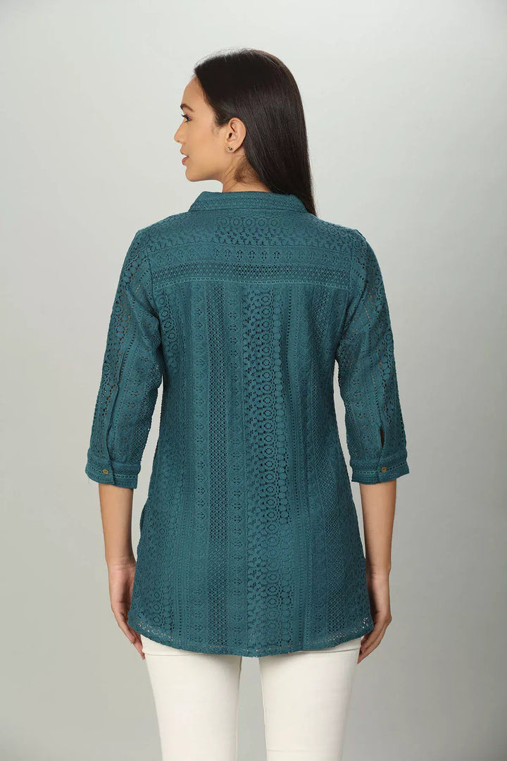 Teal Cotton Shirt with Collared Neck
