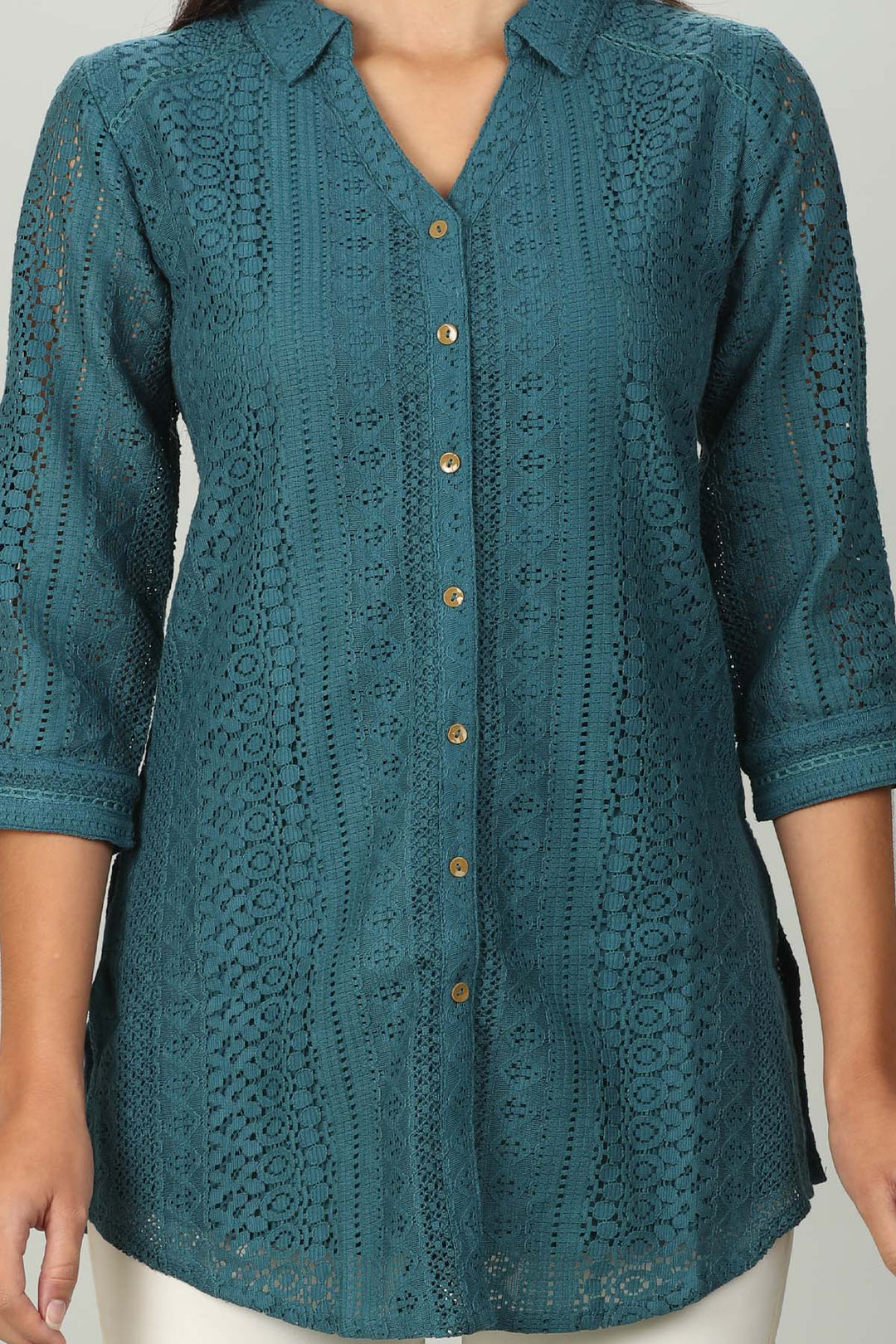 Teal Cotton Shirt with Collared Neck