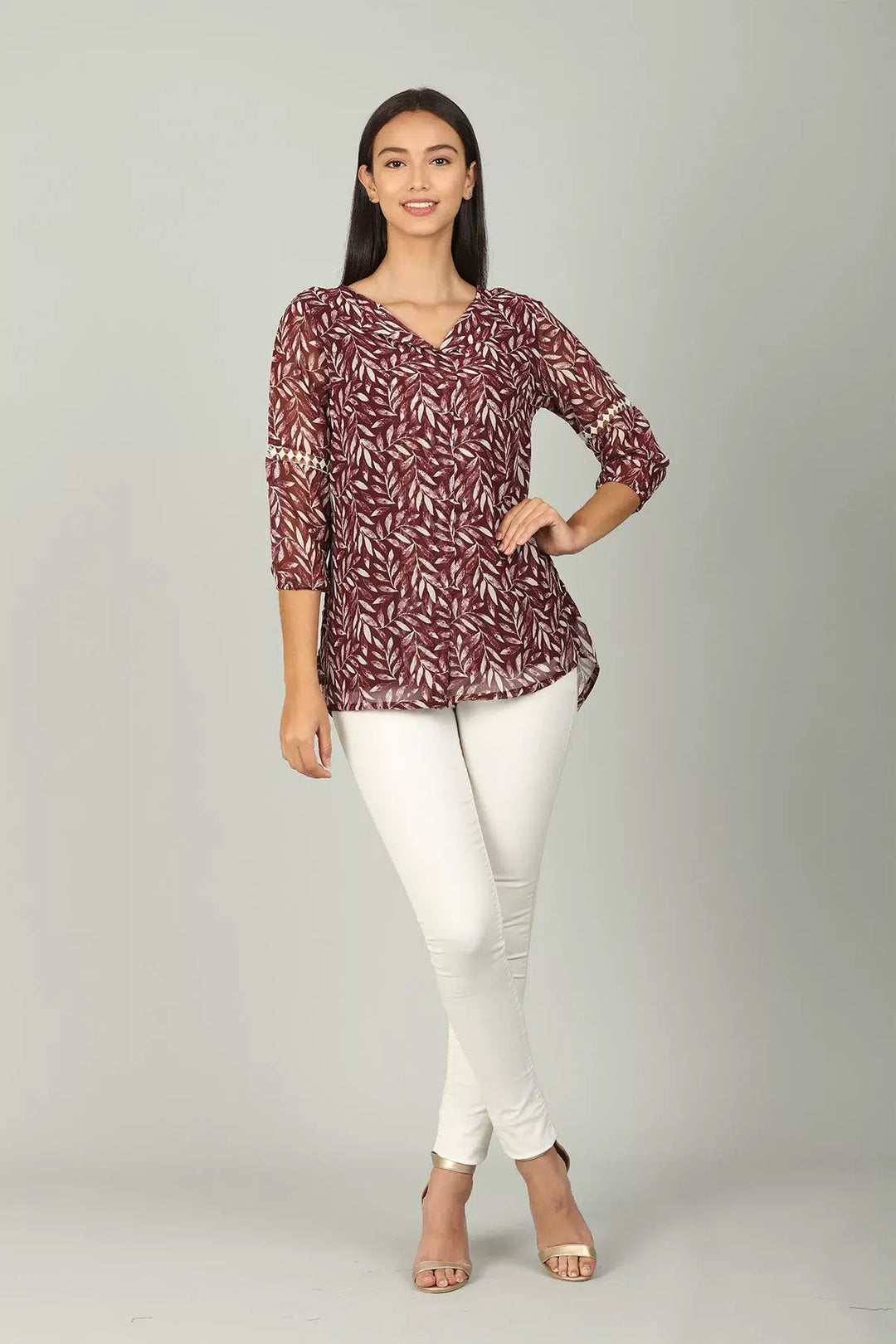 Maroon V Neck printed Top