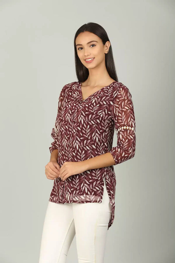 Maroon V Neck printed Top