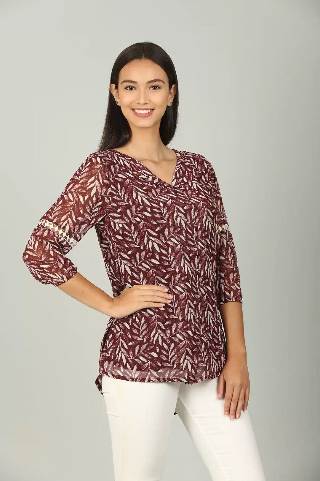 Maroon V Neck printed Top