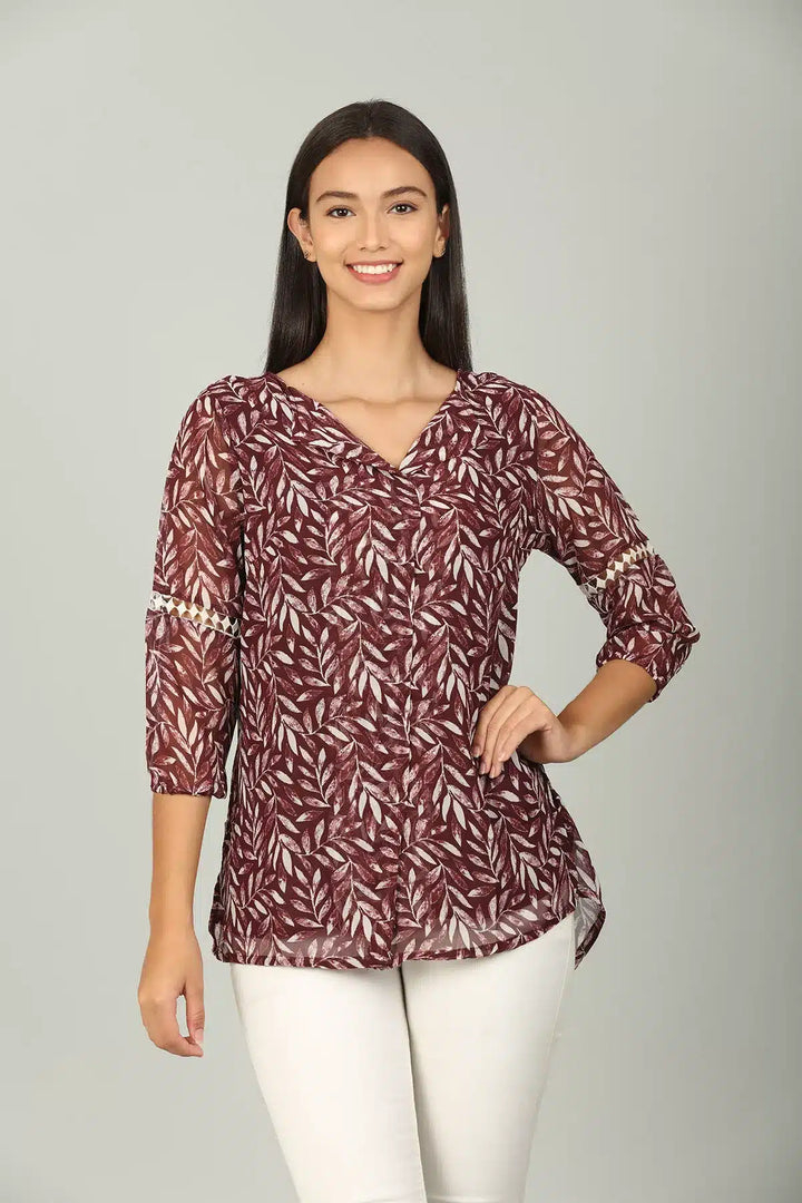 Maroon V Neck printed Top