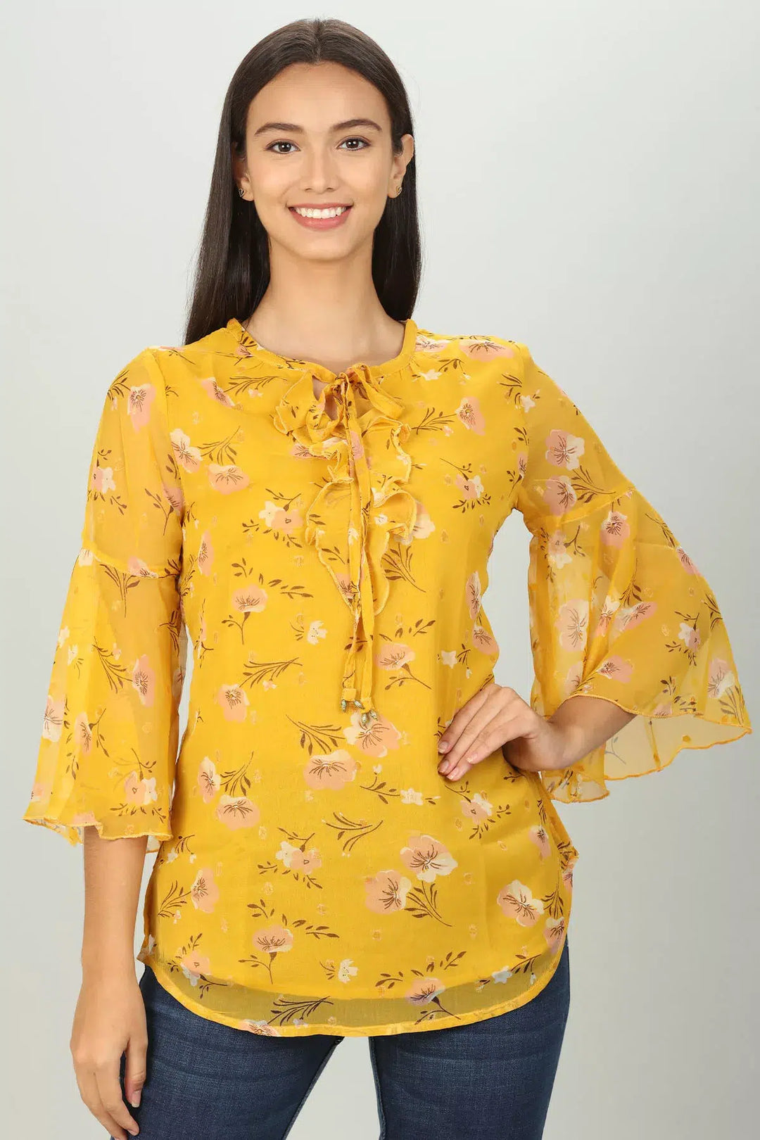 Yellow chiffon Floral Ruffles Top