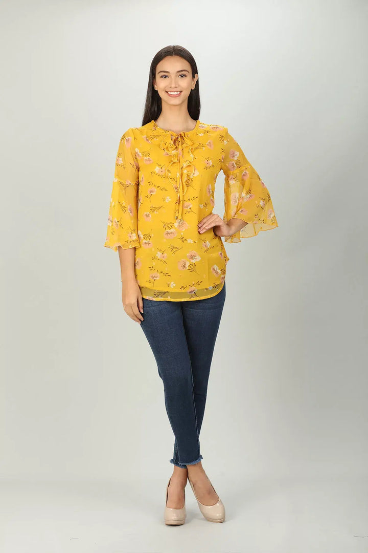 Yellow chiffon Floral Ruffles Top