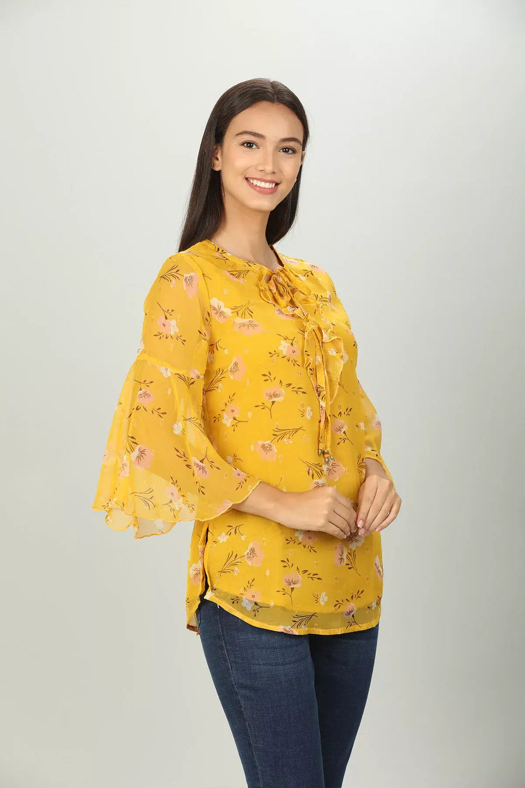Yellow chiffon Floral Ruffles Top