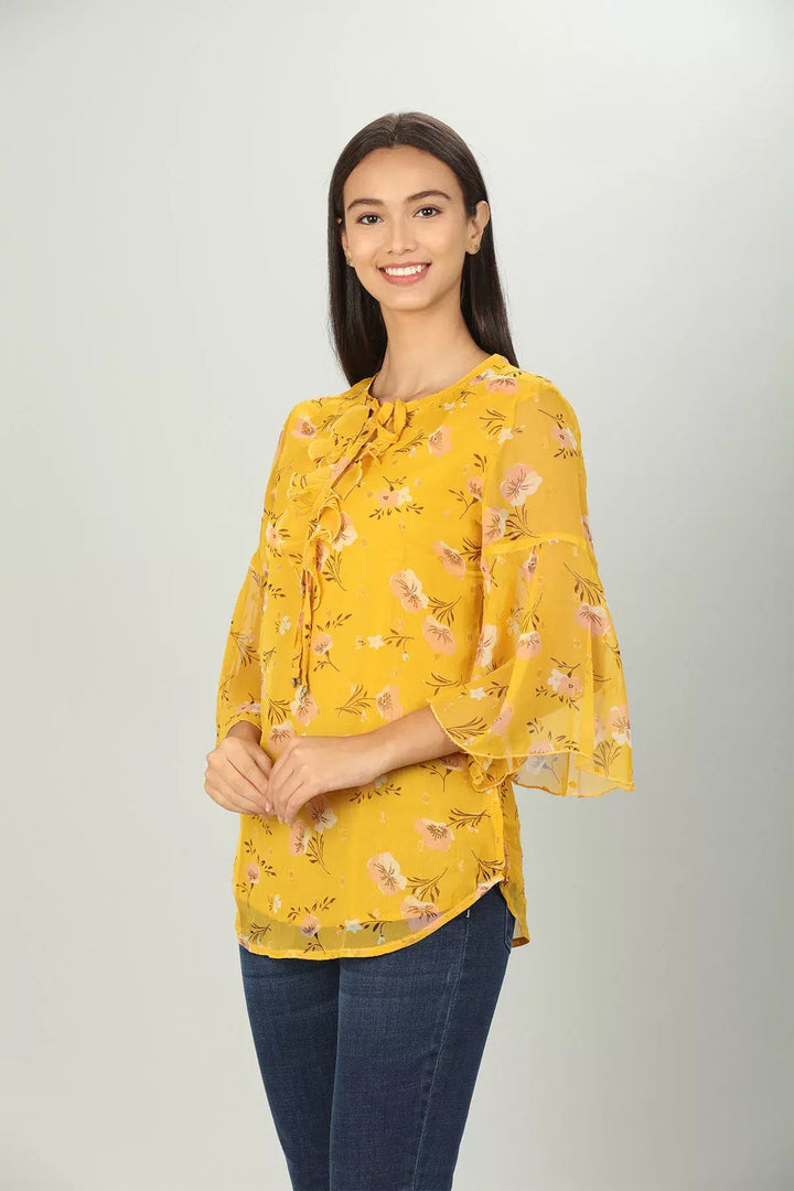 Yellow chiffon Floral Ruffles Top