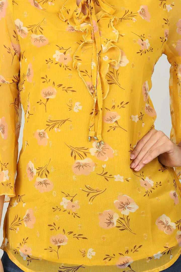 Yellow chiffon Floral Ruffles Top