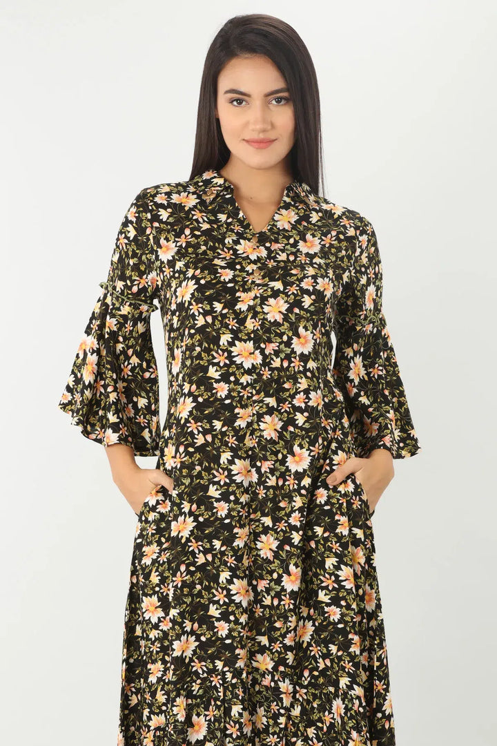 BLACK FLORAL PRINT DRESS WITH COLLAR