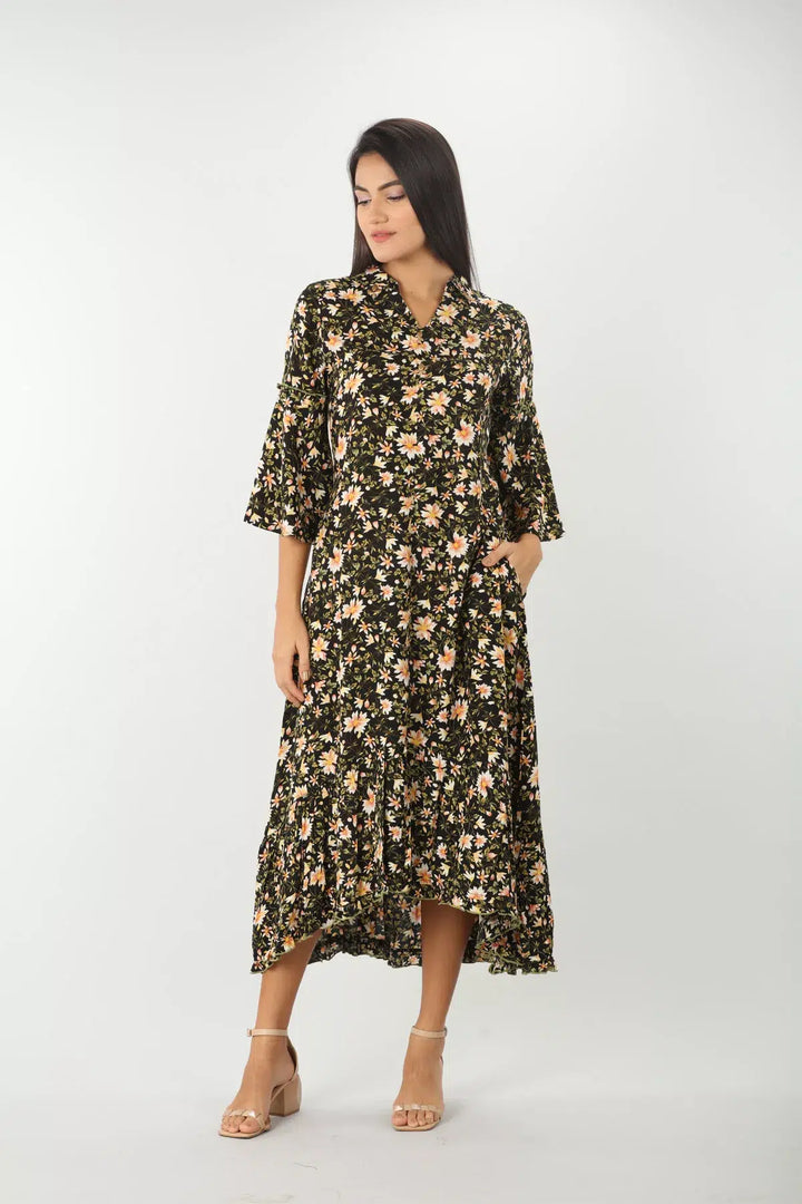 BLACK FLORAL PRINT DRESS WITH COLLAR