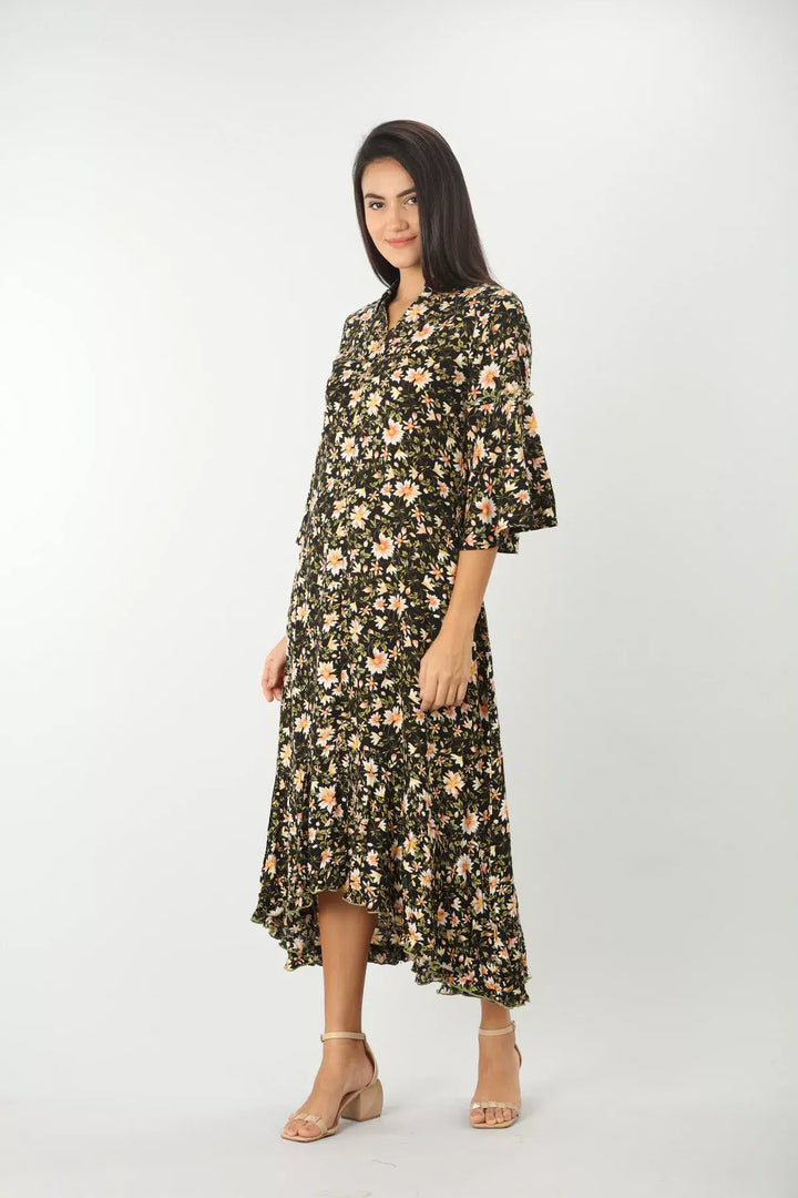 BLACK FLORAL PRINT DRESS WITH COLLAR