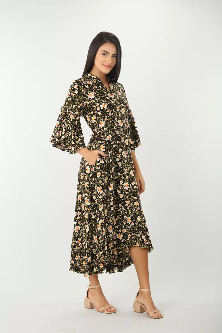 BLACK FLORAL PRINT DRESS WITH COLLAR