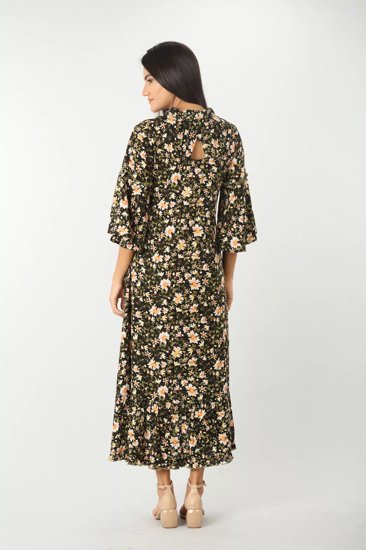 BLACK FLORAL PRINT DRESS WITH COLLAR