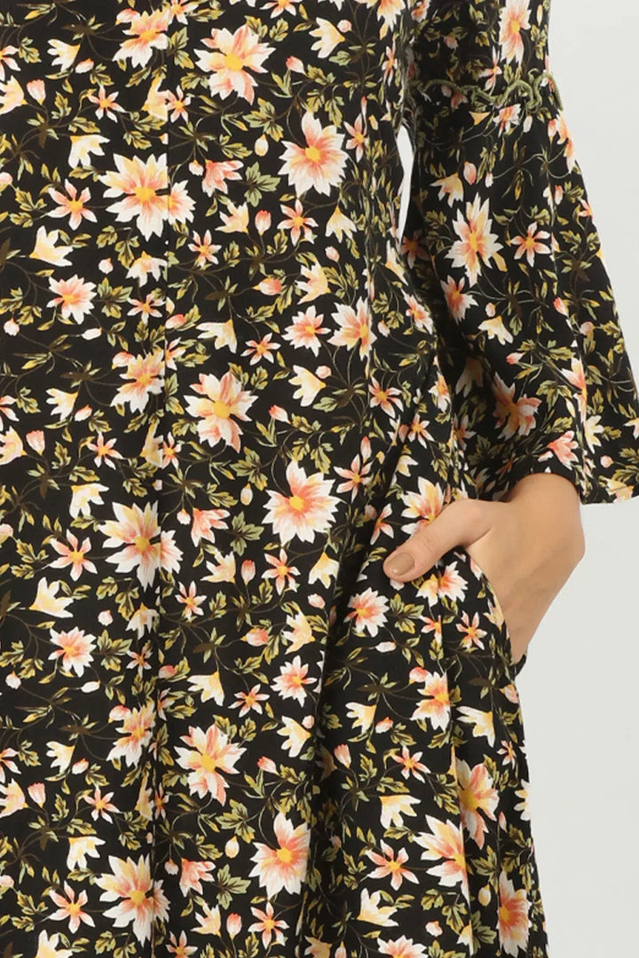 BLACK FLORAL PRINT DRESS WITH COLLAR
