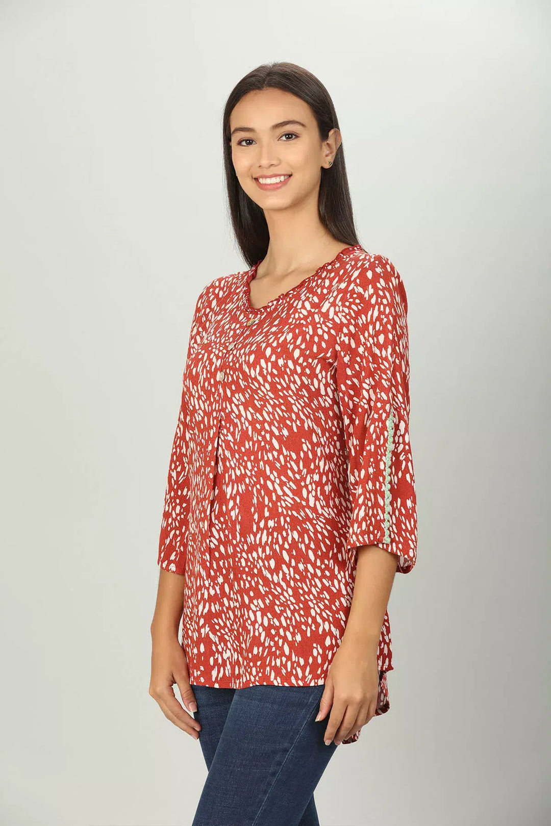 Red abstract print V neck Top