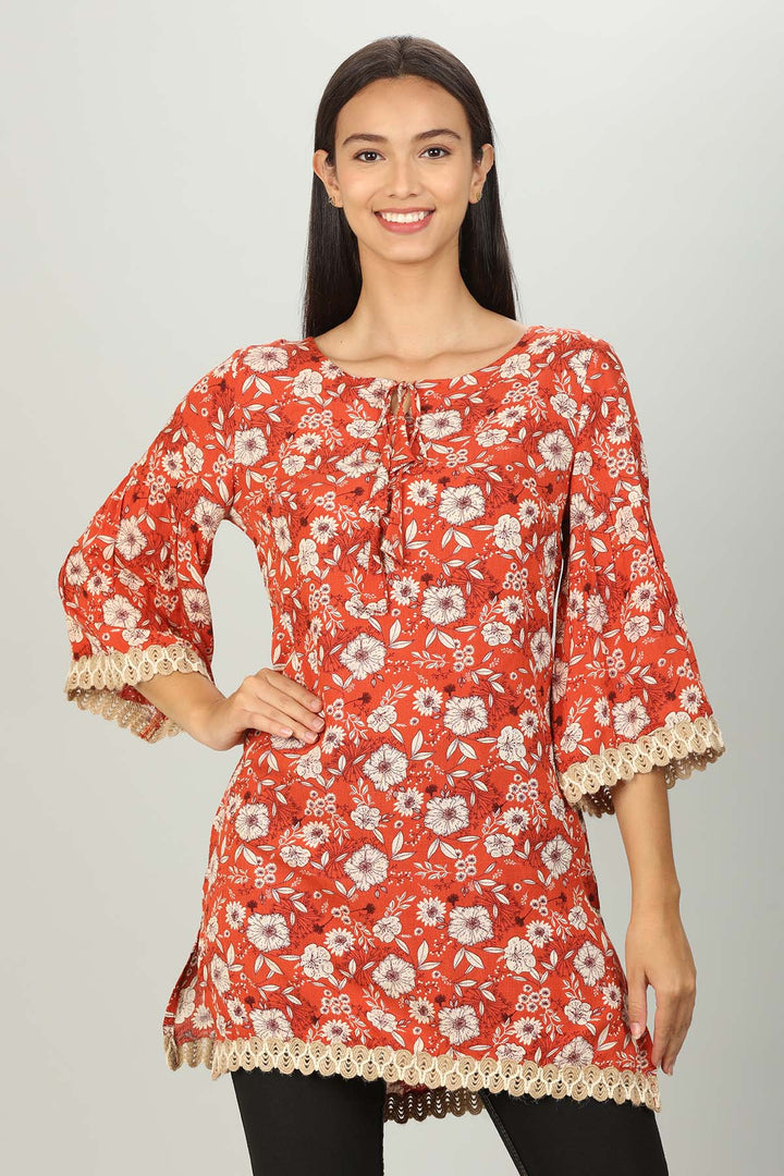Rust Red Floral Print Top