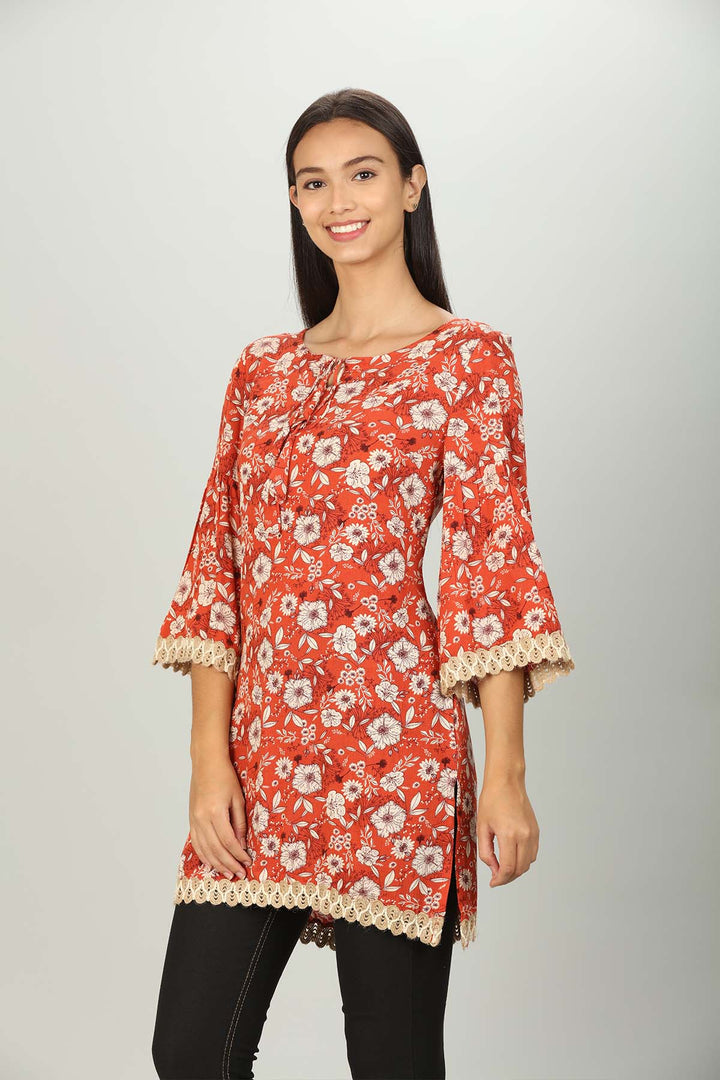 Rust Red Floral Print Top