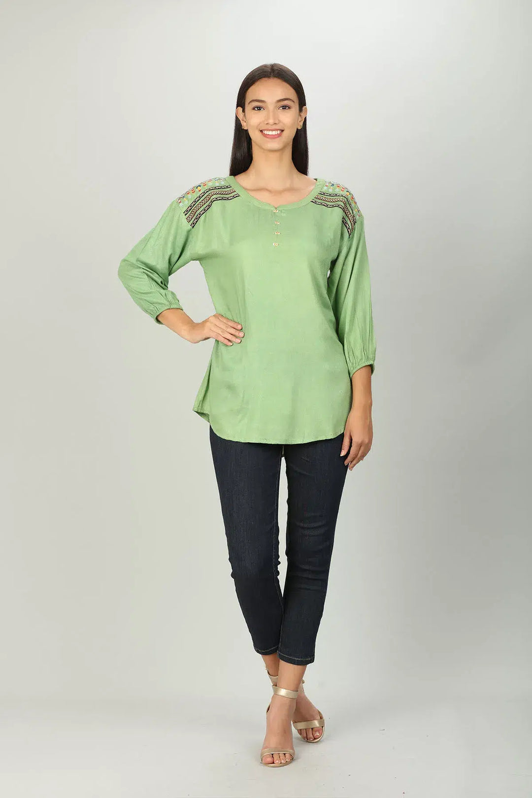 Green Round Neck Embroidered Top