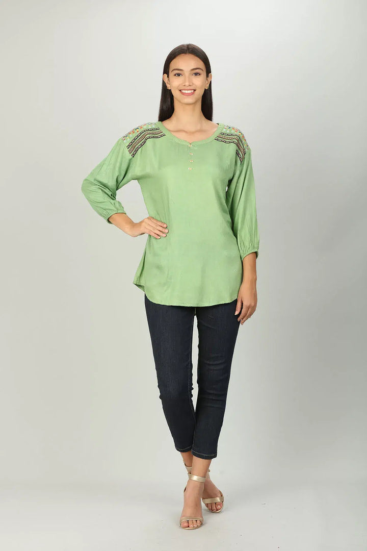 Green Round Neck Embroidered Top