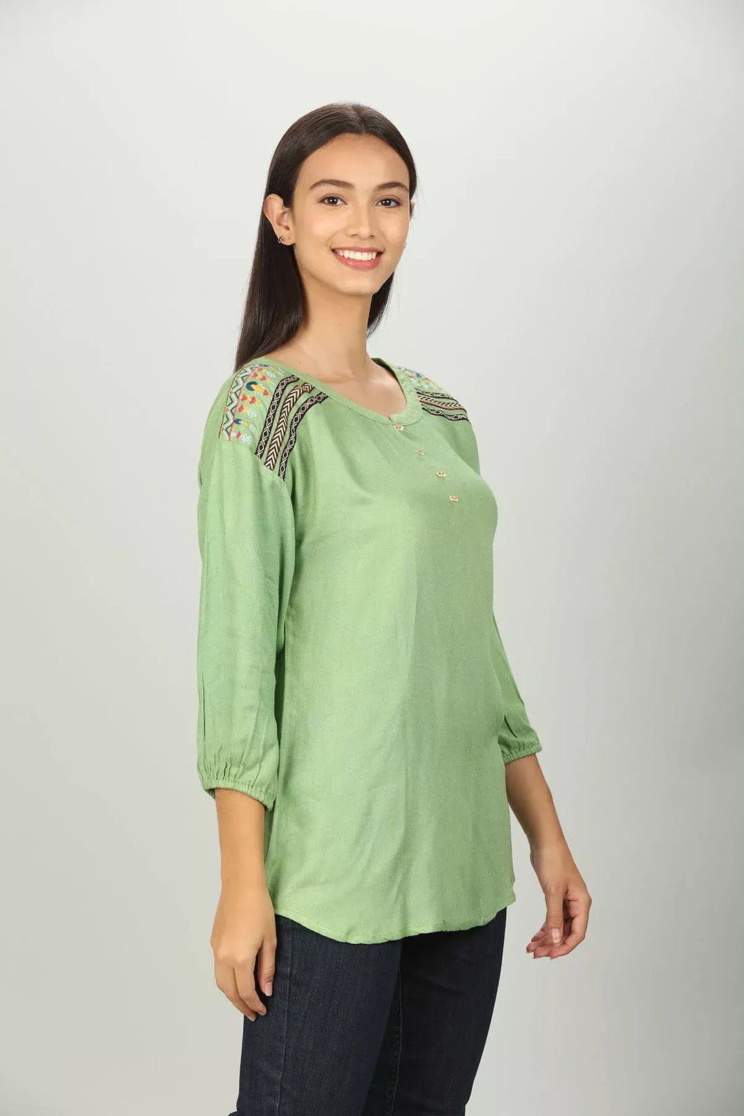 Green Round Neck Embroidered Top