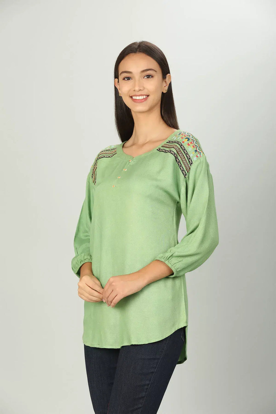 Green Round Neck Embroidered Top
