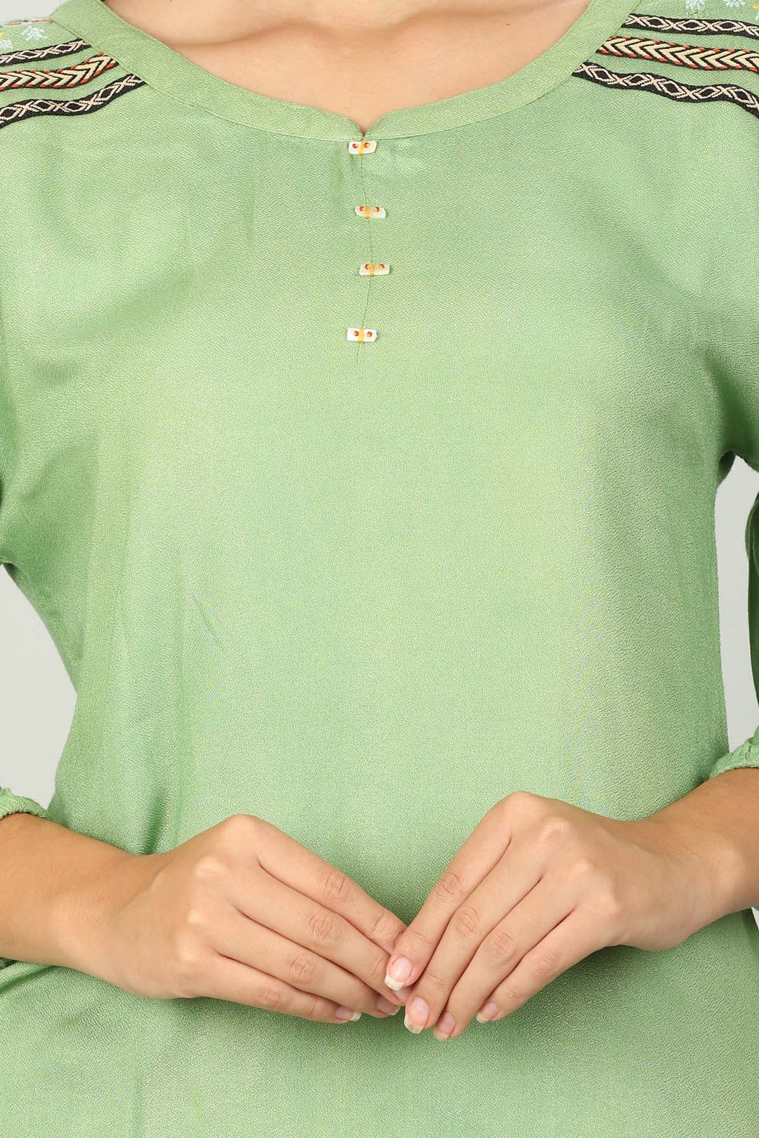 Green Round Neck Embroidered Top