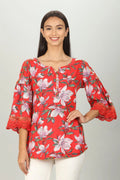 Red floral Print V neck Top