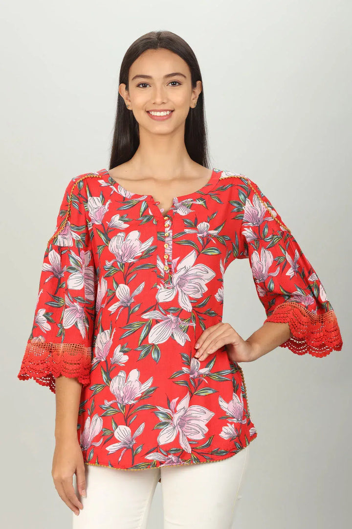 Red floral Print V neck Top