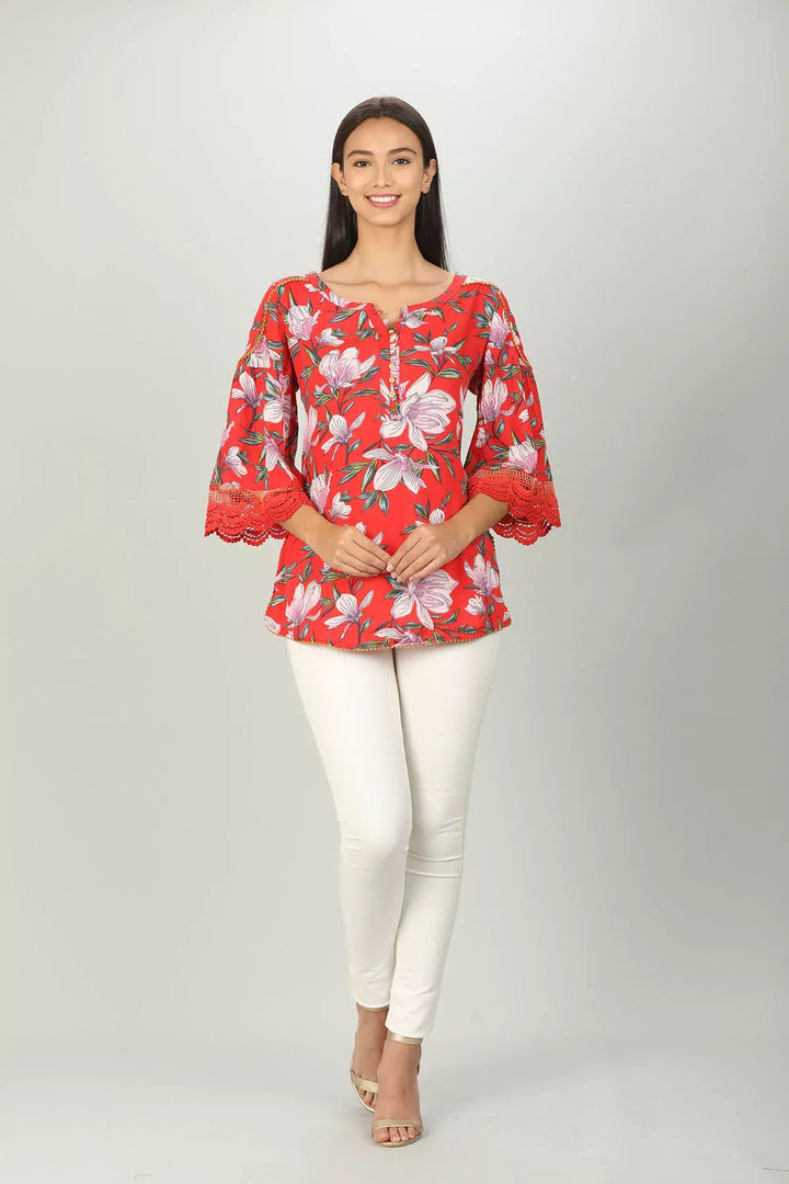 Red floral Print V neck Top