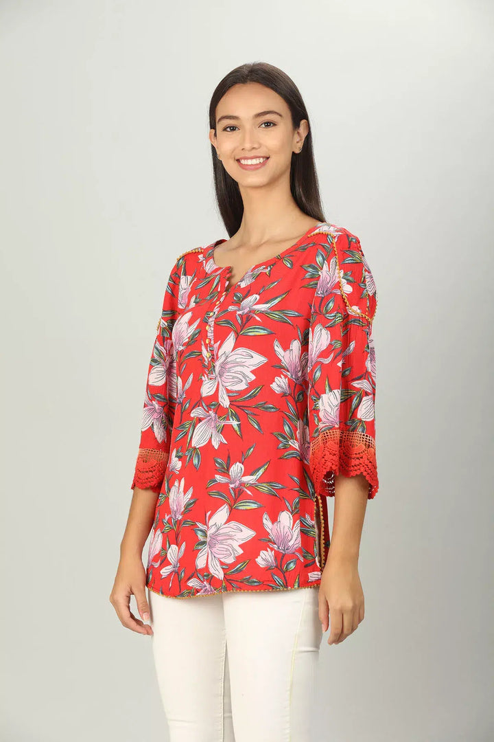 Red floral Print V neck Top
