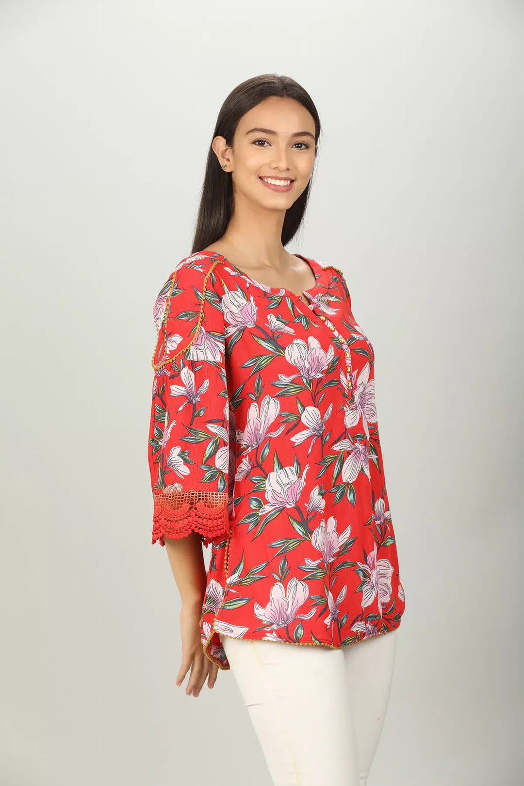Red floral Print V neck Top