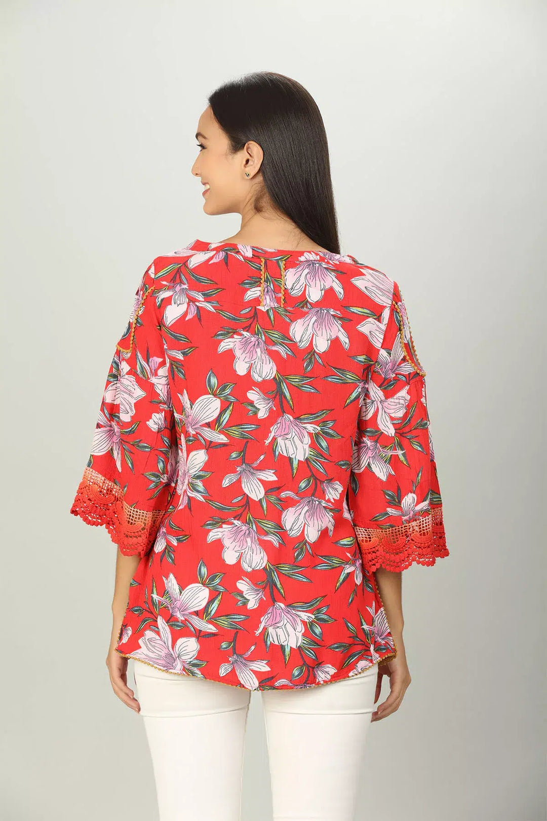 Red floral Print V neck Top