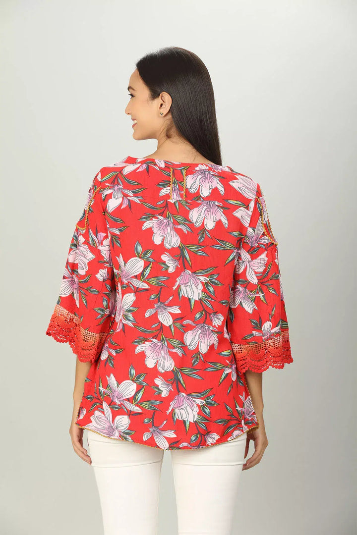 Red floral Print V neck Top