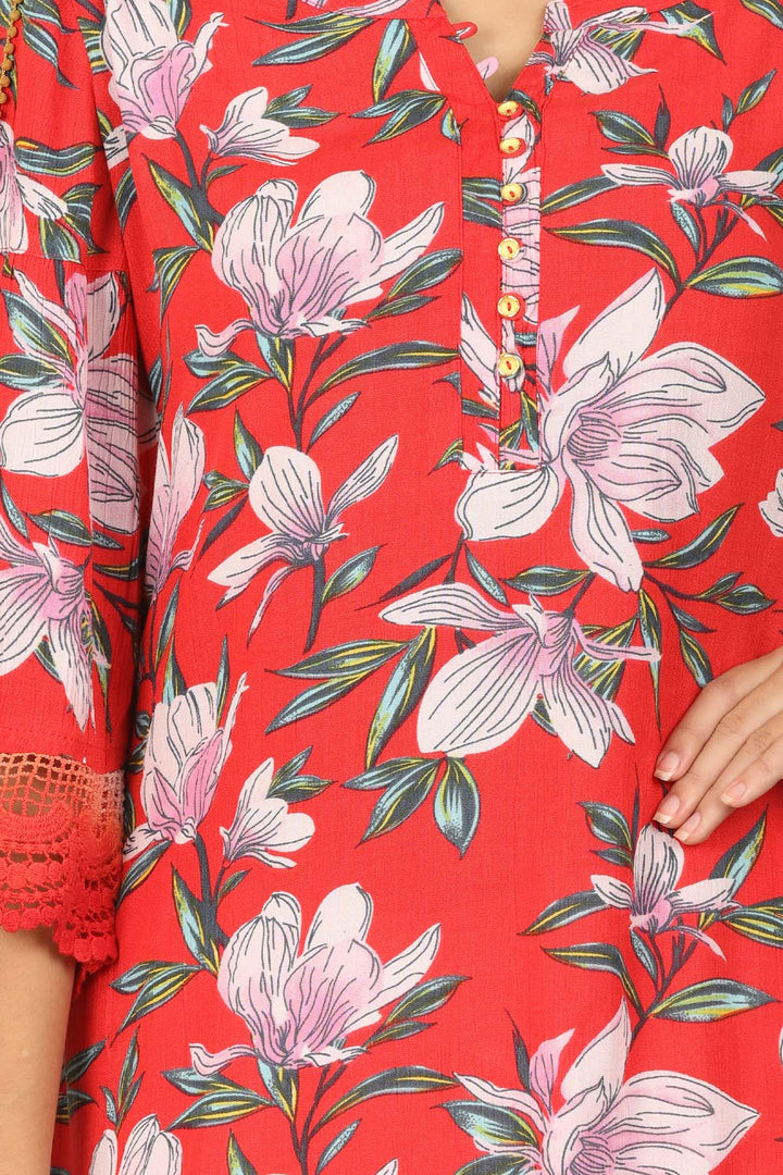 Red floral Print V neck Top