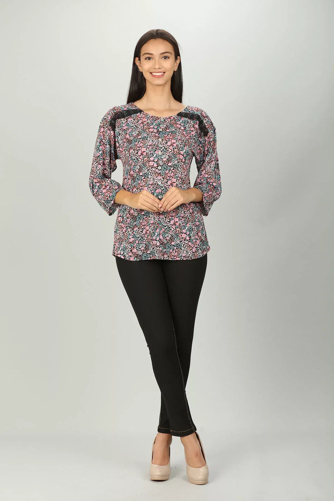 Pink Printed Top with Round Neck