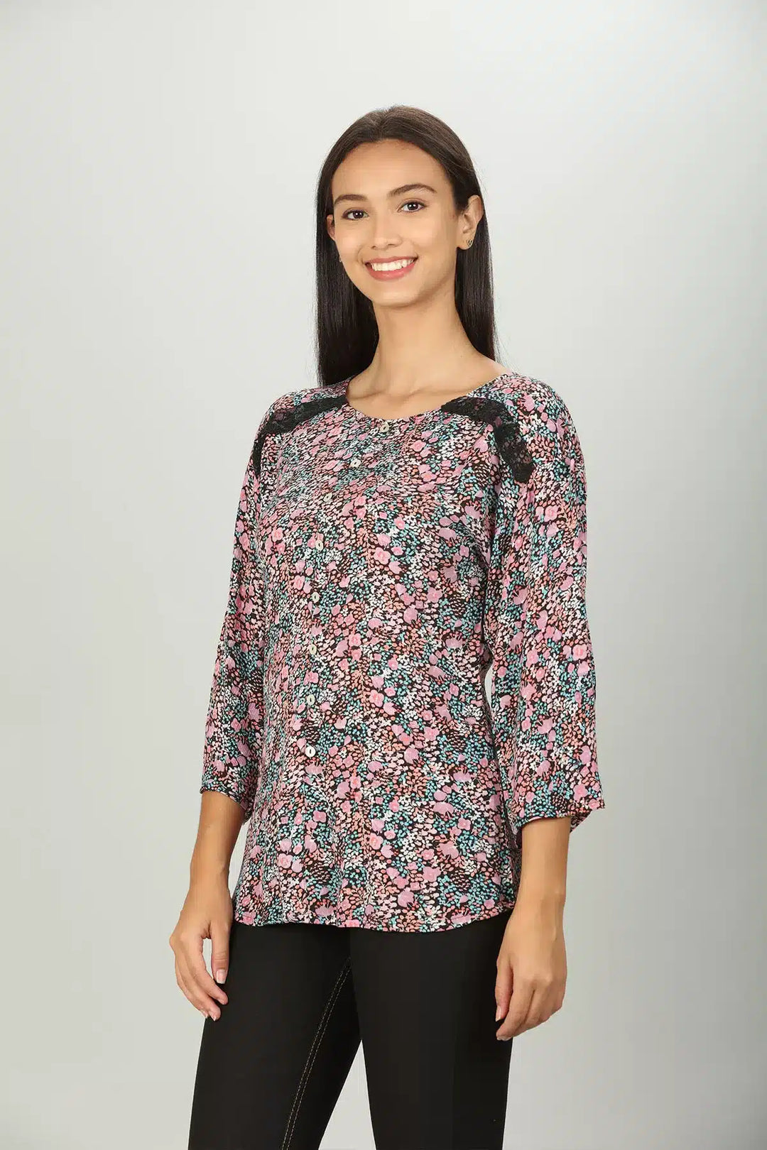 Pink Printed Top with Round Neck