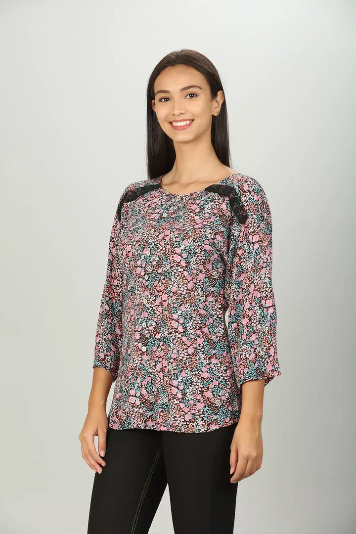 Pink Printed Top with Round Neck