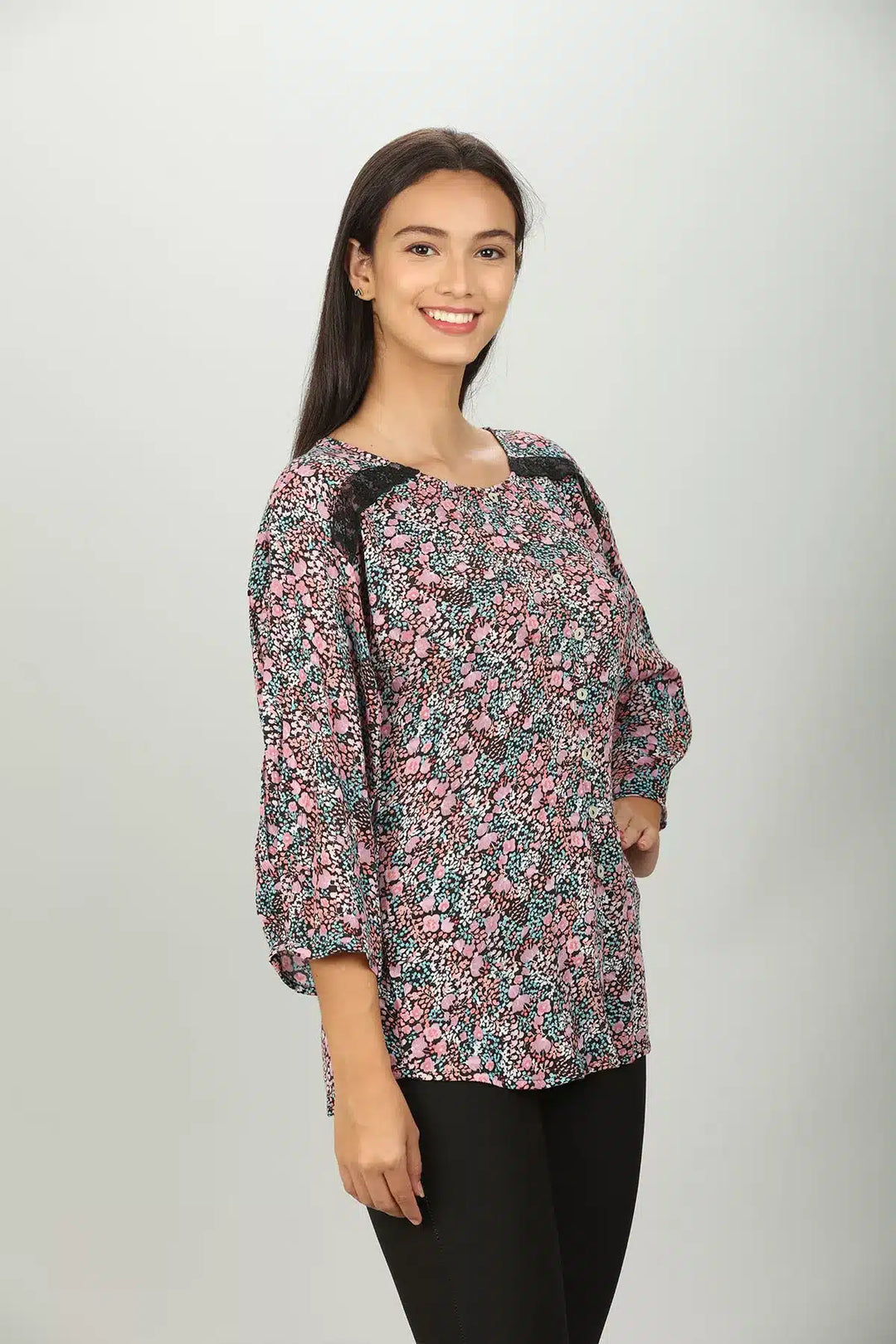 Pink Printed Top with Round Neck